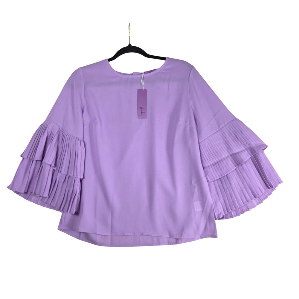 Plumberry Blouse Purple Pleated Triple Tier Bell Sleeve Medium NWT Statement Top